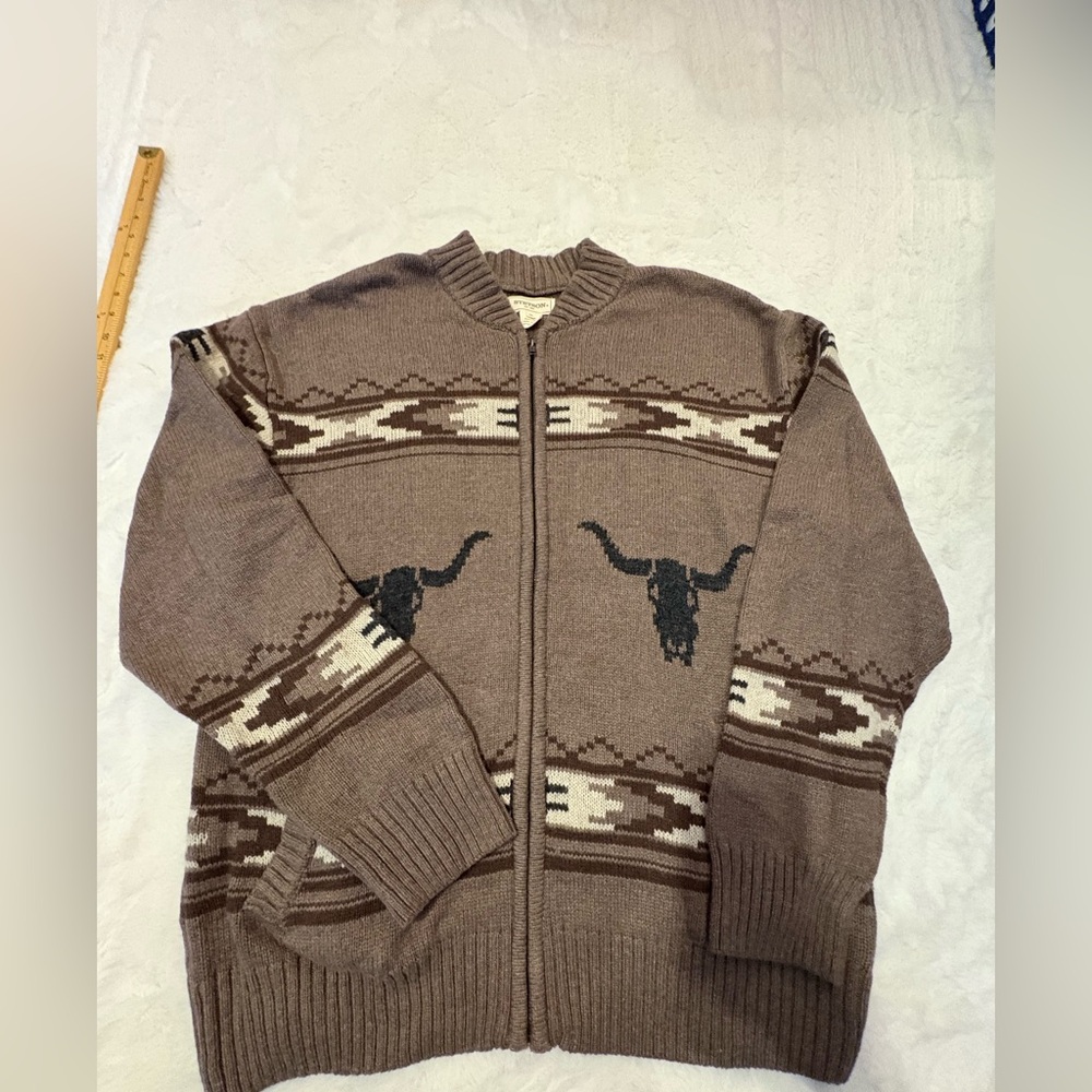 Stetson Brown Zip-Up Sweater with Bull Design sze XL